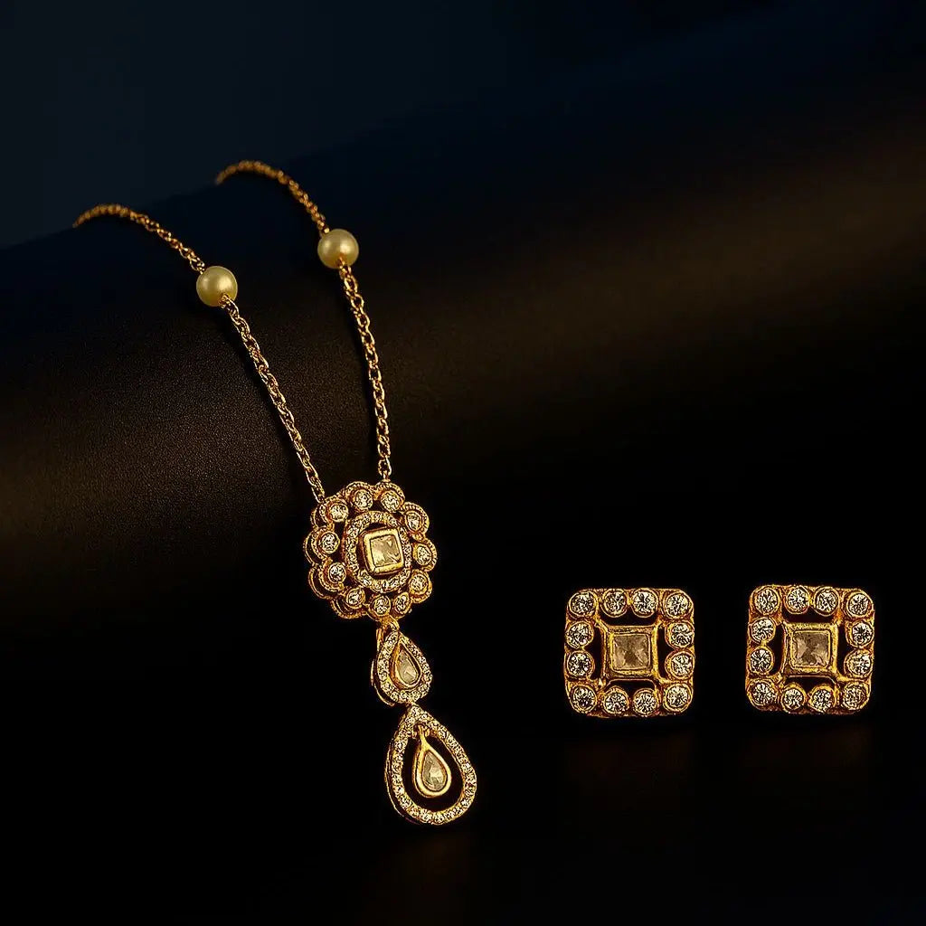 Fancy Kundan Chain with Earrings – Green Stone Gold - Plated Brass Jewellery Set - LAVISH JEWELSKundan Set