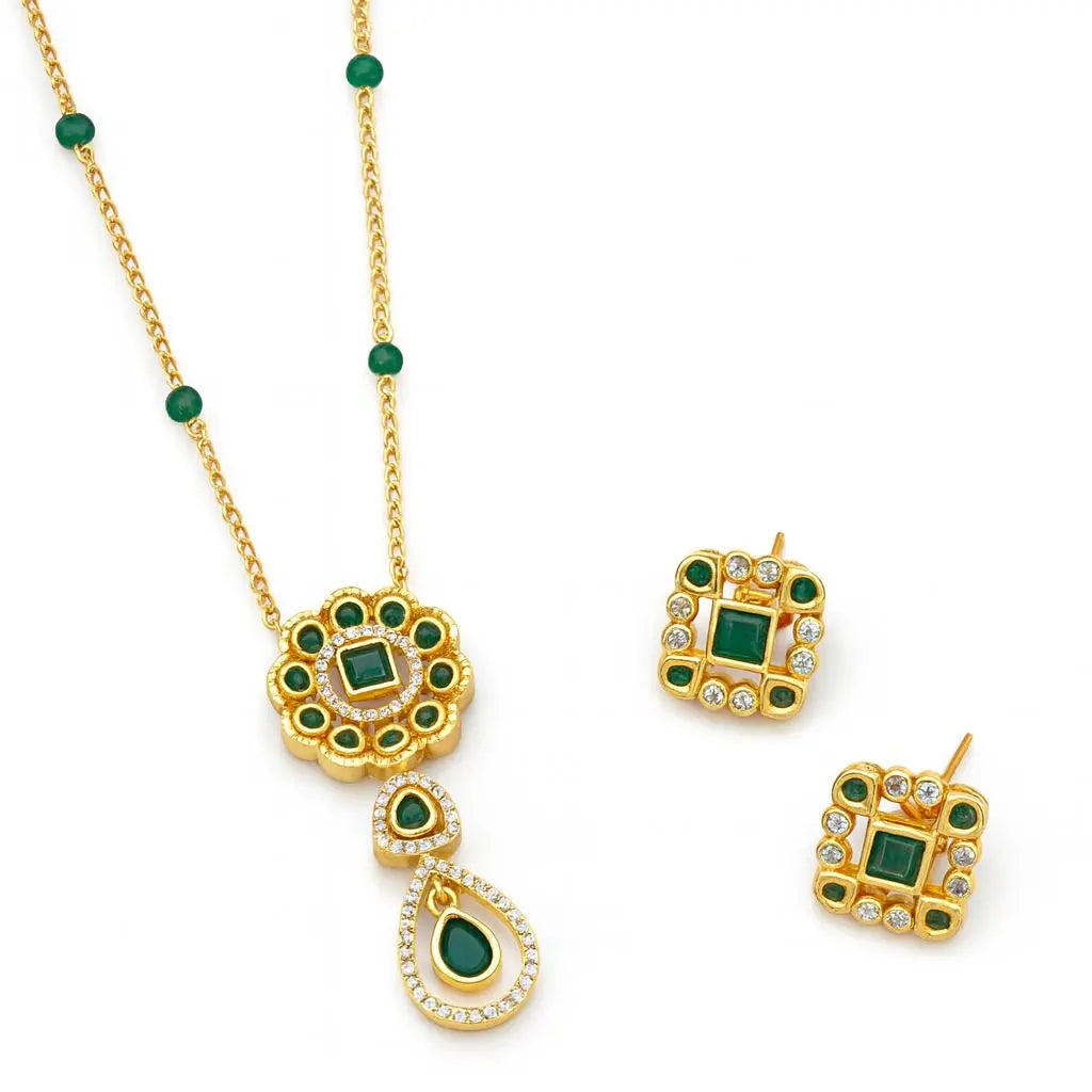 Fancy Kundan Chain with Earrings – Green Stone Gold - Plated Brass Jewellery Set - LAVISH JEWELSKundan Set