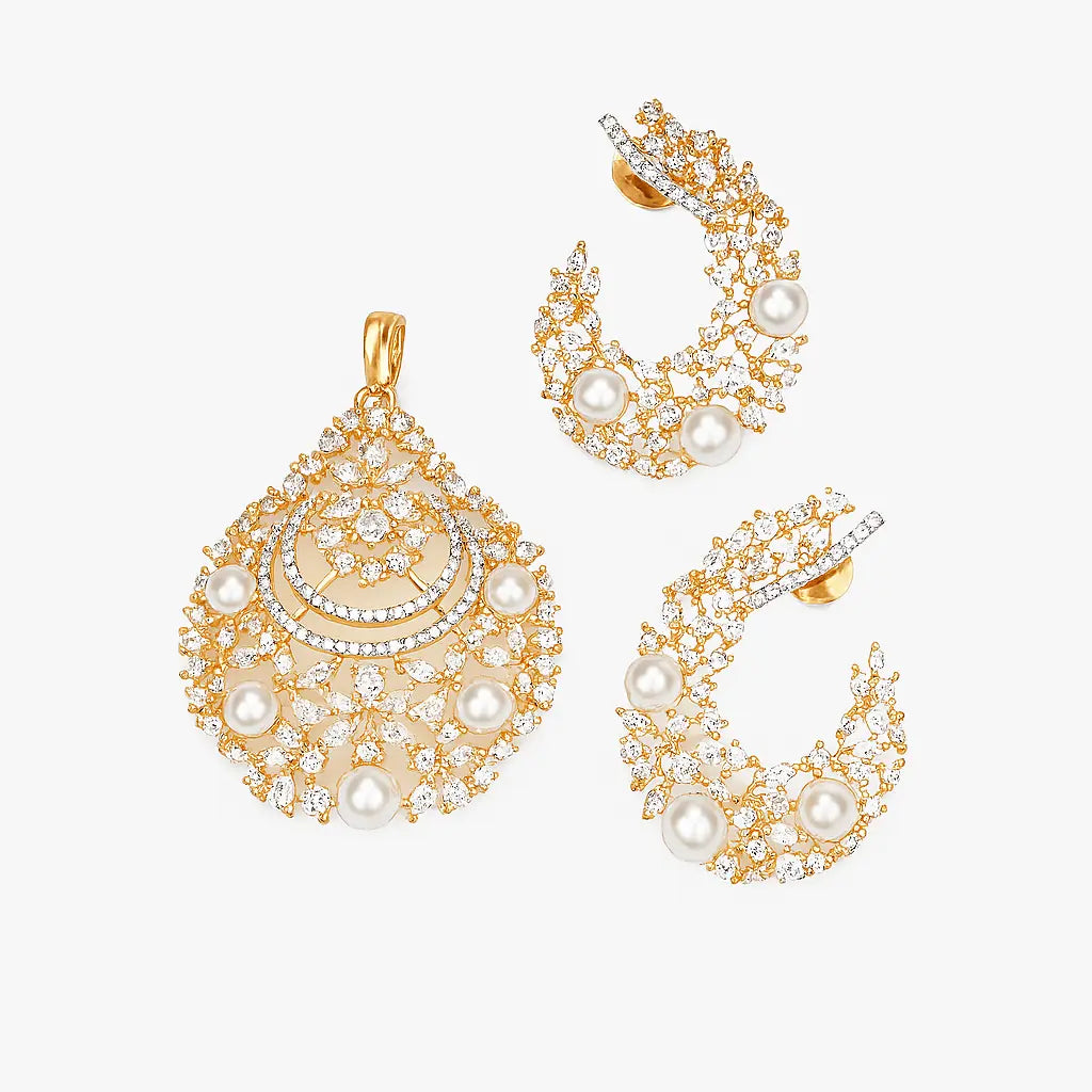 Fancy Kundan Chain with Earrings – Green Stone Gold - Plated Brass Jewellery Set - LAVISH JEWELSPendant Sets