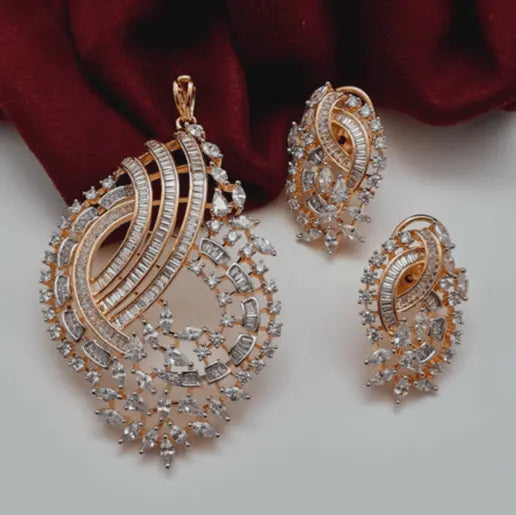 Glamorous Elegant CZ Pendant Set – Gold - Plated Brass Jewellery with Matching Earrings - LAVISH JEWELSPendant Sets