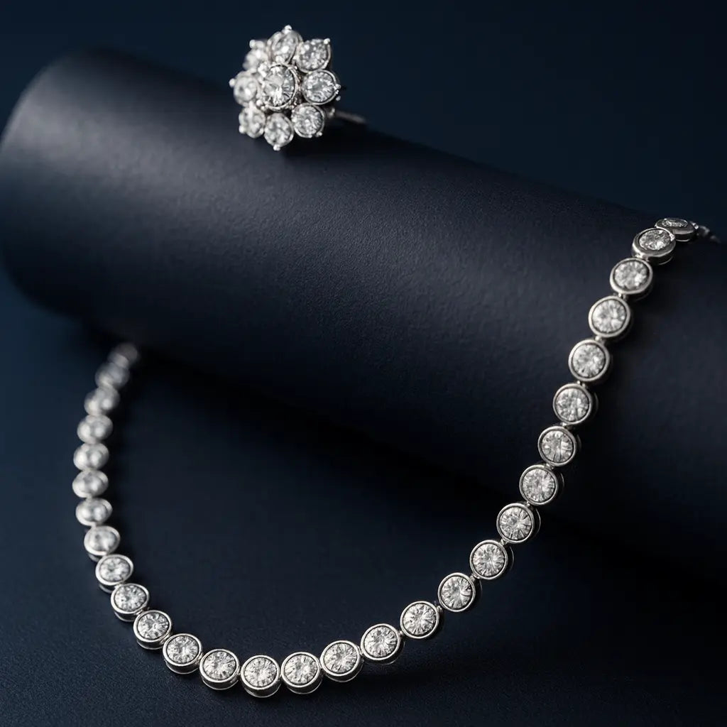 Grazia Luminosa AD Necklace Set - LAVISH JEWELSGrazia Luminosa AD Necklace Set – Delicate CZ, Silver Finish | Lavish Jewels