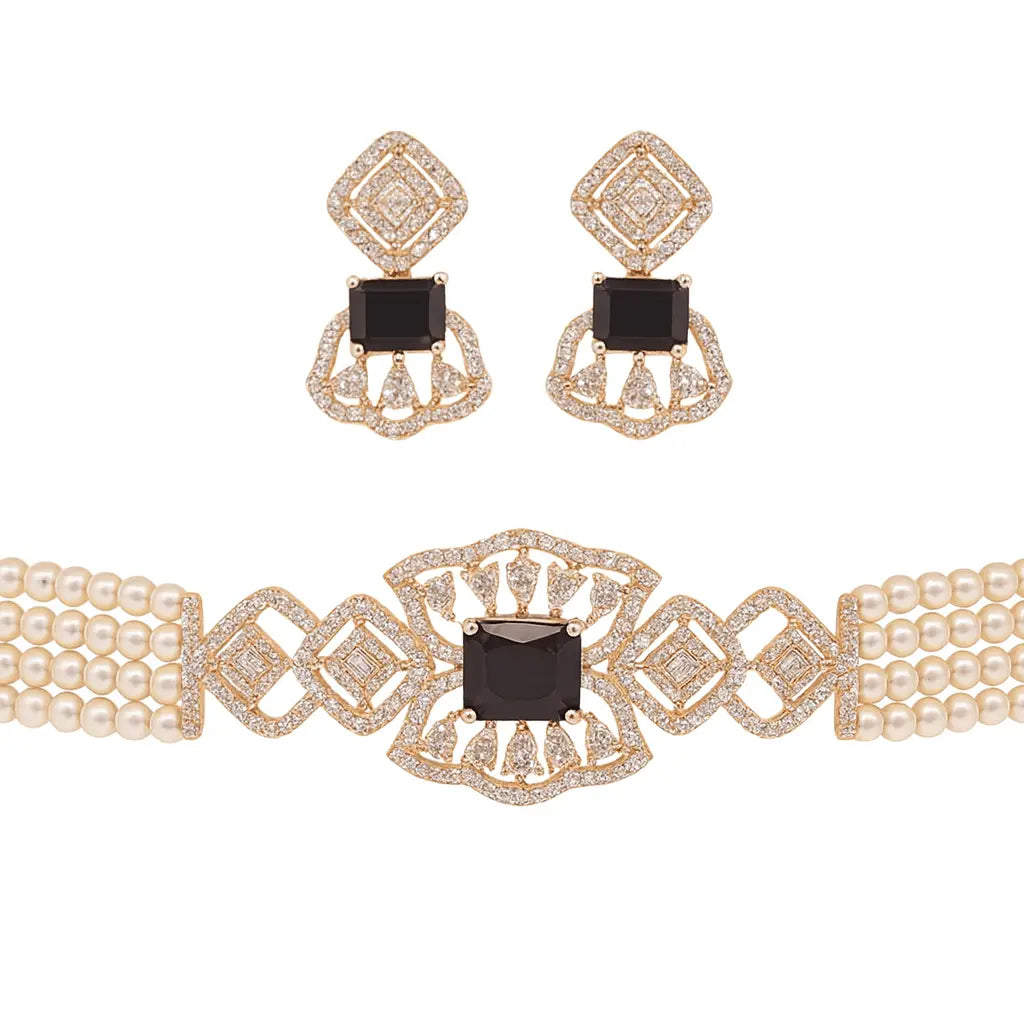 Heer Luxe Set – Pearl Classic Charm AD Choker Set - LAVISH JEWELSHeer Luxe Set – Pearl Classic Charm AD Choker Set | Rhodium - Plated Designer Jewellery