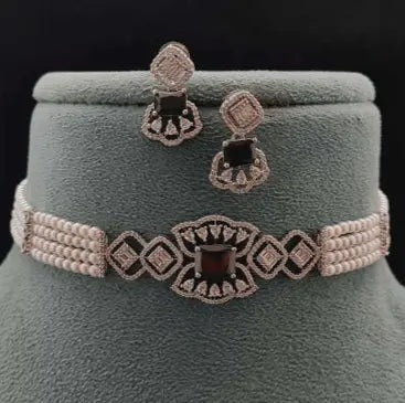 Heer Luxe Set – Pearl Classic Charm AD Choker Set - LAVISH JEWELSHeer Luxe Set – Pearl Classic Charm AD Choker Set | Rhodium - Plated Designer Jewellery