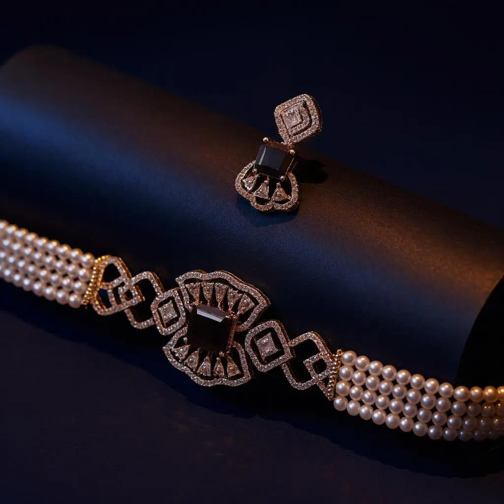 Heer Luxe Set – Pearl Classic Charm AD Choker Set - LAVISH JEWELSHeer Luxe Set – Pearl Classic Charm AD Choker Set | Rhodium - Plated Designer Jewellery