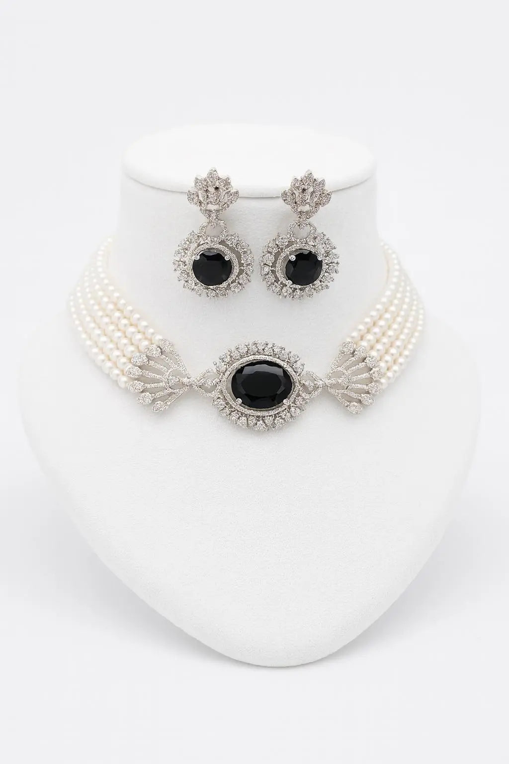 La Divina Choker – Beaded Fancy CZ Choker Set - LAVISH JEWELSLa Divina Choker – Beaded Fancy CZ Choker Set | Rhodium - Plated Black Statement Necklace