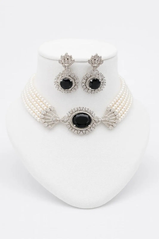 La Divina Choker – Beaded Fancy CZ Choker Set - LAVISH JEWELSLa Divina Choker – Beaded Fancy CZ Choker Set | Rhodium - Plated Black Statement Necklace
