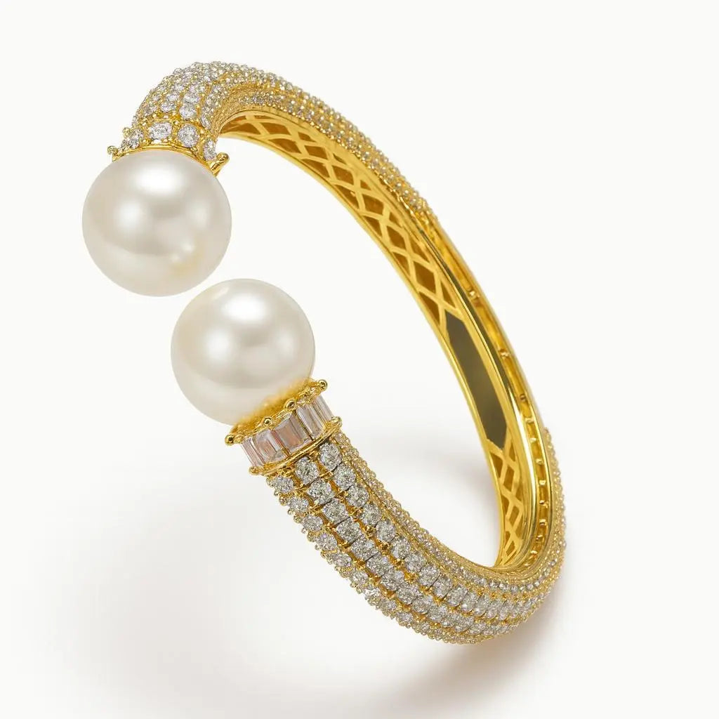 Lucina Ray – Pearl Elegant AD Kada | Gold White Plated Open Pearl Bracelet - LAVISH JEWELSLucina Ray – Pearl Elegant AD Kada | Gold White Plated Open Pearl Bracelet