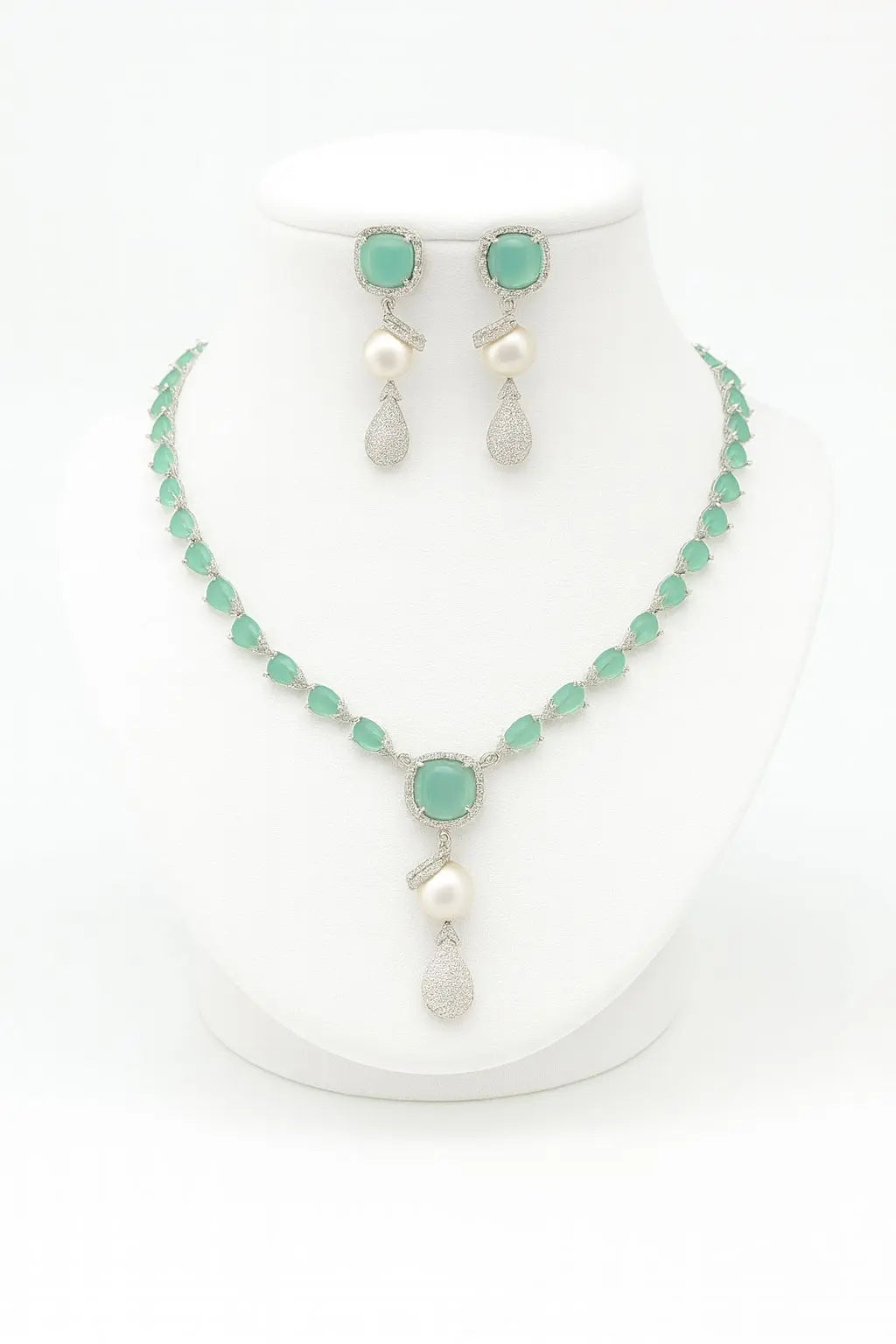 Marina – Mint Green & Pearl Designer AD Necklace Set - LAVISH JEWELSMarina – Mint Pearl AD Necklace Set | Lavish Jewels