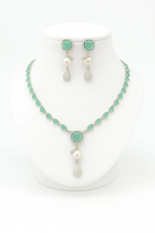 Marina – Mint Green & Pearl Designer AD Necklace Set - LAVISH JEWELSMarina – Mint Pearl AD Necklace Set | Lavish Jewels