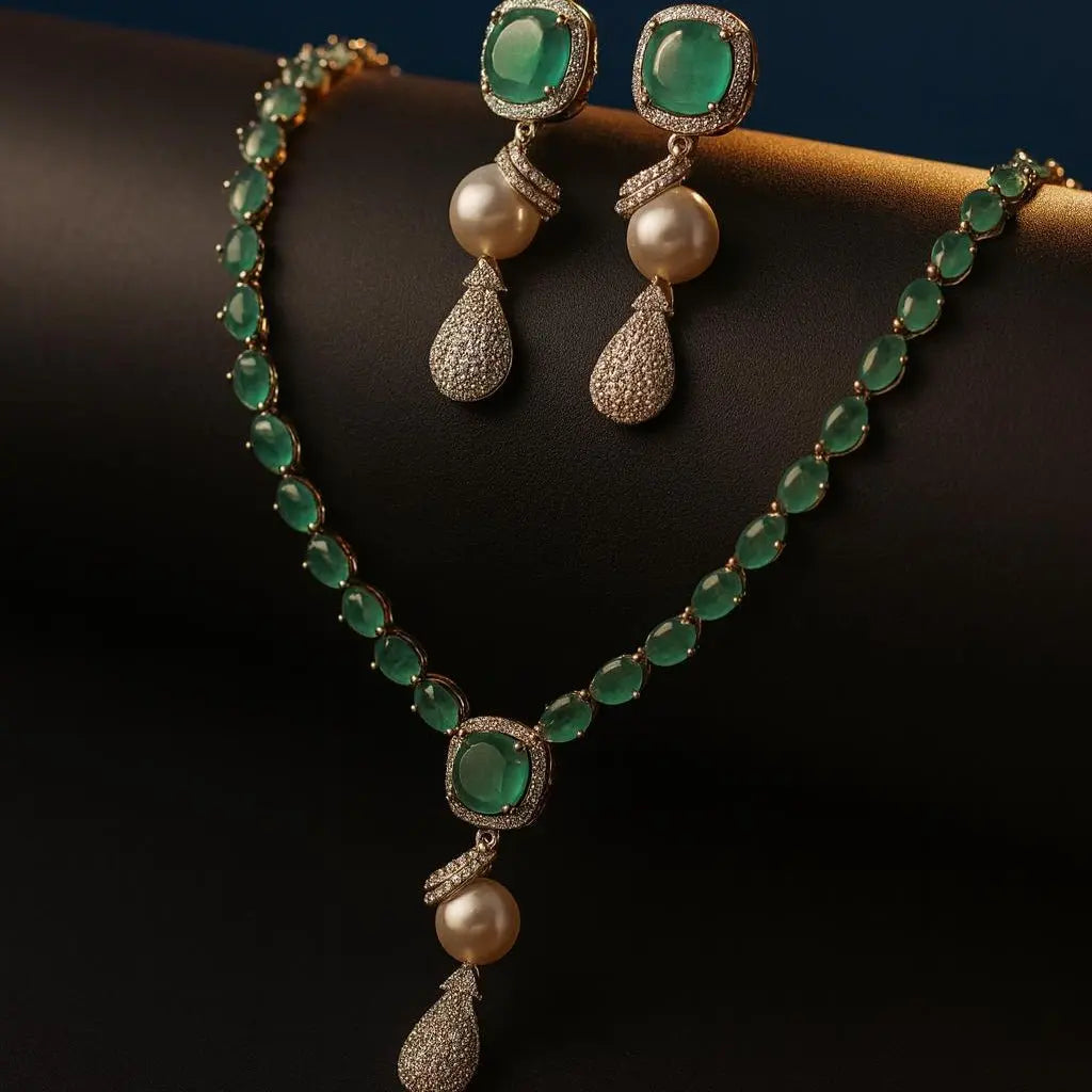 Marina – Mint Green & Pearl Designer AD Necklace Set - LAVISH JEWELSMarina – Mint Pearl AD Necklace Set | Lavish Jewels