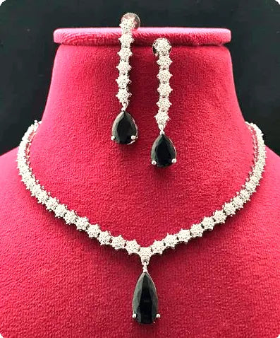 Nova – Black Stone AD Necklace Set with Earrings - LAVISH JEWELSNova Black Drop Charm Necklace Set – Delicate AD Design with White Plating