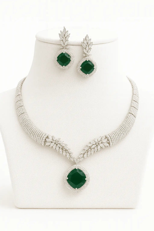 Saanjh – Elegance CZ Necklace Set - LAVISH JEWELSSaanjh – Elegance CZ Necklace Set | Green Stone Rhodium - Plated Jewellery