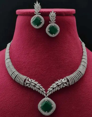 Saanjh – Elegance CZ Necklace Set - LAVISH JEWELSSaanjh – Elegance CZ Necklace Set | Green Stone Rhodium - Plated Jewellery