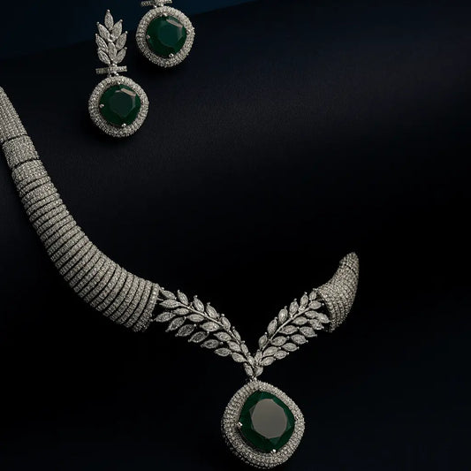 Saanjh – Elegance CZ Necklace Set - LAVISH JEWELSSaanjh – Elegance CZ Necklace Set | Green Stone Rhodium - Plated Jewellery