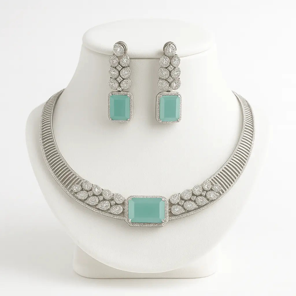 Sera – Shimmering Mint AD Necklace Set with White Rhodium Plating - LAVISH JEWELSSera – Shimmering Mint AD Necklace Set with White Rhodium Plating