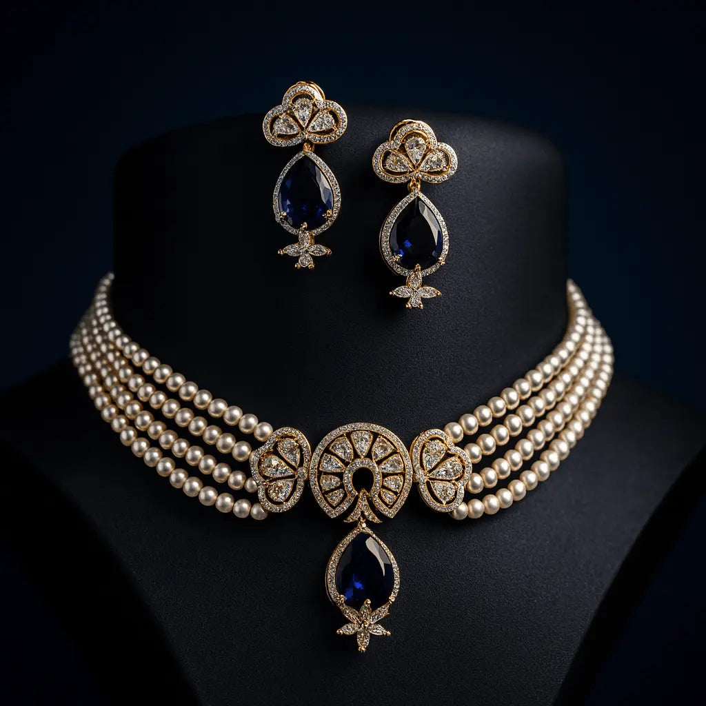 Silvia – Pearl & Blue AD Necklace Set with GJ Plating - LAVISH JEWELSSilvia – Pearl & Blue AD Necklace Set with GJ Plating