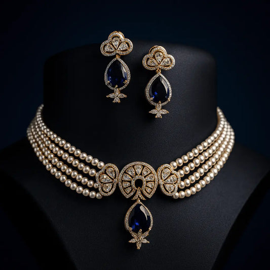 Silvia – Pearl & Blue AD Necklace Set with GJ Plating - LAVISH JEWELSSilvia – Pearl & Blue AD Necklace Set with GJ Plating