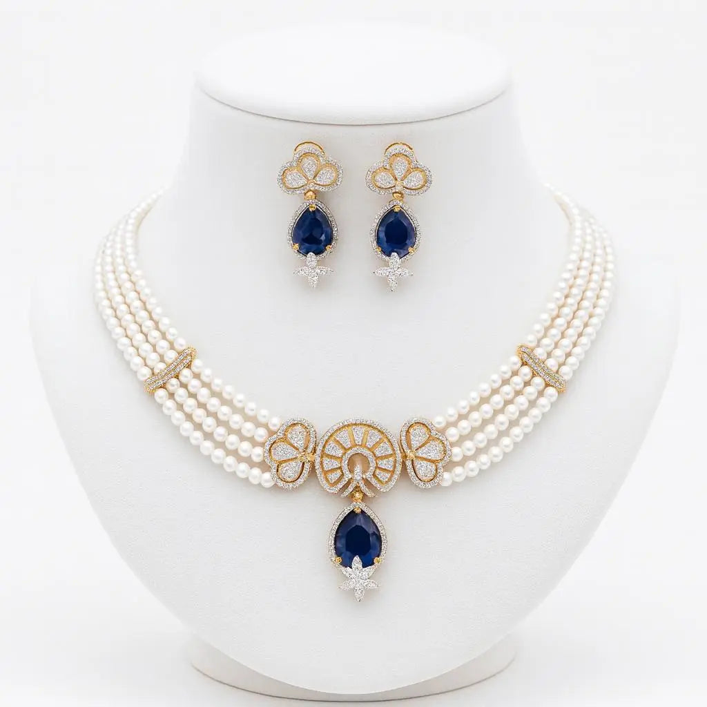 Silvia – Pearl & Blue AD Necklace Set with GJ Plating - LAVISH JEWELSSilvia – Pearl & Blue AD Necklace Set with GJ Plating