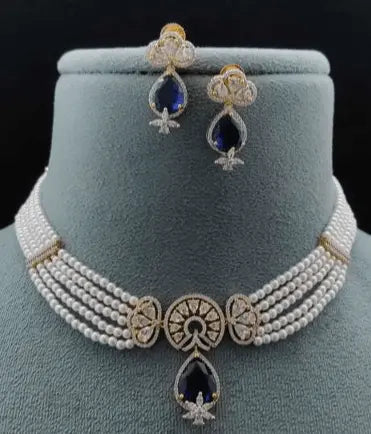 Silvia – Pearl & Blue AD Necklace Set with GJ Plating - LAVISH JEWELSSilvia – Pearl & Blue AD Necklace Set with GJ Plating
