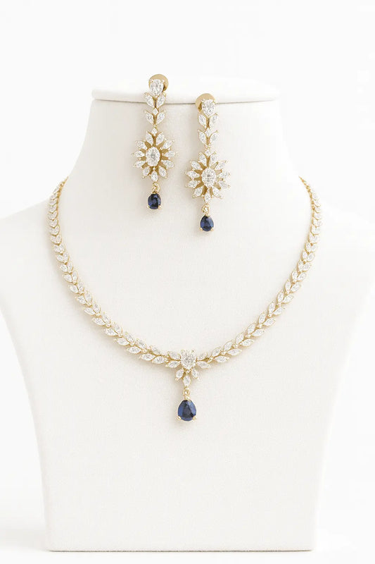 Tesoro Mio Black AD Necklace Set - LAVISH JEWELSTesoro Mio Black AD Necklace Set – Delicate Design, Golden White Finish | Lavish Jewels