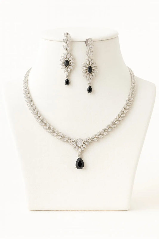 Tesoro Mio Black AD Necklace Set - LAVISH JEWELSTesoro Mio Black AD Necklace Set – Delicate Design, Golden White Finish | Lavish Jewels