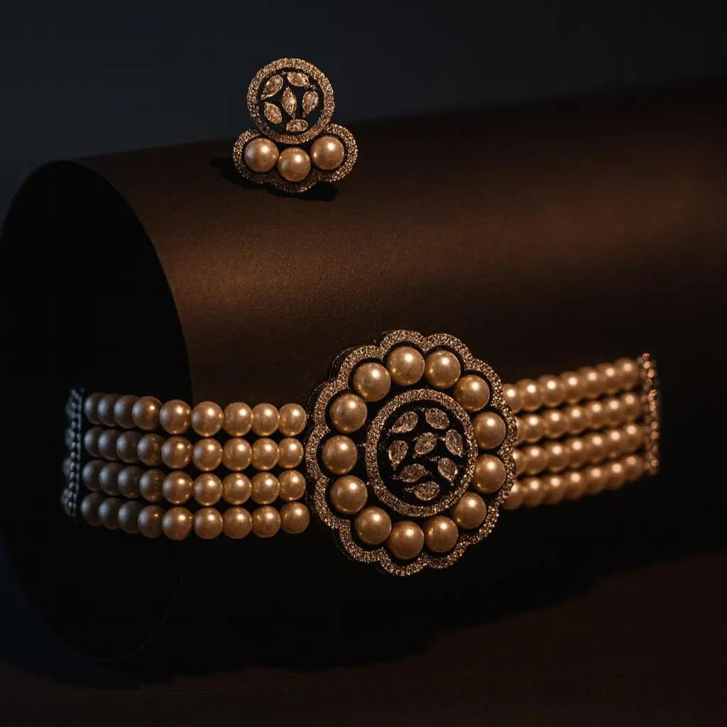 Velvet Charm – Pearl Classic Charm AD Choker Set - LAVISH JEWELSVelvet Charmes – Pearl Classic Charm AD Choker Set | Black Oxidised Plated Jewellery for Bridal & Occasions
