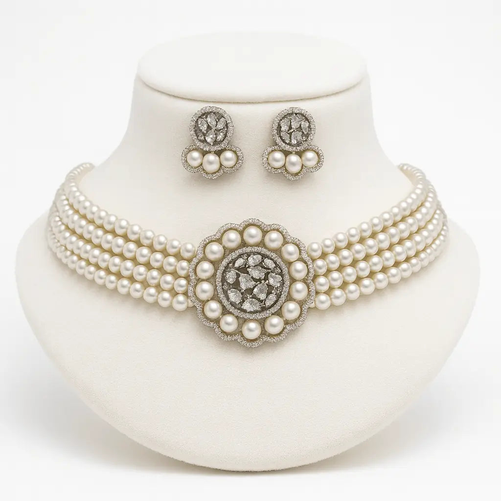 Velvet Charm – Pearl Classic Charm AD Choker Set - LAVISH JEWELSVelvet Charmes – Pearl Classic Charm AD Choker Set | Black Oxidised Plated Jewellery for Bridal & Occasions