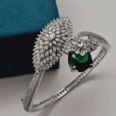 Verina Glace – Delicate Green CZ Kada - LAVISH JEWELSVerina Glace – Delicate Green CZ Kada | Rhodium Plated Stone Bracelet