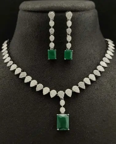 Vita – Emerald Green AD Necklace Set with Black Oxidised Finish - LAVISH JEWELSVita – Emerald Green AD Necklace Set in Black Finish | Lavish Jewels